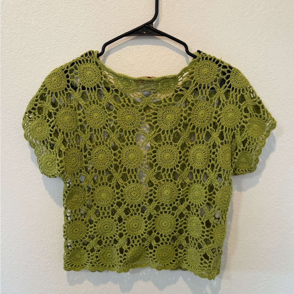Vintage 90s Boho Crochet Olive Green Open Knit Top - Picture 2 of 7